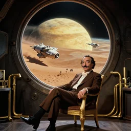 background : a huge porthole in which space, planet arrakis, spaceships are visible | foreground : salvador dali sitting on gold chair with many gold pipes in dark room | from the movie by alejandro jodorowsky with cinematogrophy of christopher doyle and art direction by hans giger, anamorphic lens, kodakchrome, 8 k