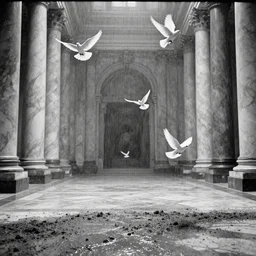 movie still of a gigantic marble hall with several white doves, flying cinestill 8 0 0 t black and white, by andrei tarkovsky, by piranesi, by magritte very heavy grain, high quality, high detail, ultra wide lens, sharpness, flares, anamorphic, foggy, mud, rain