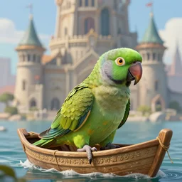 a green parrot on a small boat, texture, intricate, details, highly detailed, masterpiece, architecture, building, trending on artstation, focus, sharp focus, concept art, digital painting, fantasy, sunny, day, midday