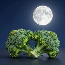 two broccolis under the moon in a romantic scene, fantasy style, octan render, ultra realistic, beautiful nightscene