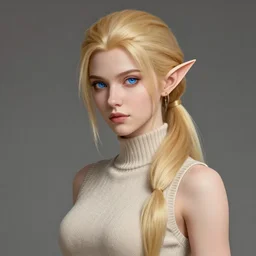 bust portait of beautiful elf lady, white skin, blue eyes, golden hair, single long tied ponytail, serious look, sleeveless turtle neck sweater, earrings, highly detailed, high fantasy, smooth, sharp focus, digital illustration, by rossdraws, frank franzzeta, artgerm
