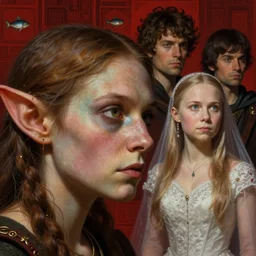 closeup profile medieval nicoletta ceccoli, mark ryden, lostfish, hyung tae, frank frazetta, face portrait of medieval goblin and greta thunberg marriage portrait, depth of field, detailed and intricate red square environment, 8 k resolution, hyperrealistic, octane render