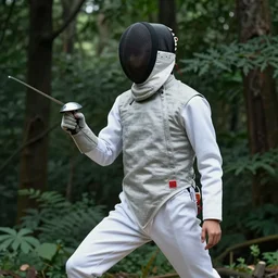 Cyberpunk fencer leaning towards the right with a lush forest as backdrop