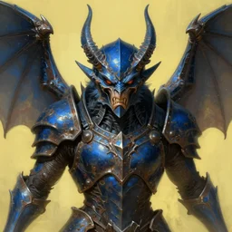 The angry God Bat, portrait, highly detailed, digital painting, artstation, concept art, smooth, detailed rusty armor, sharp focus, beautiful face, symmetric face, dystopian, cinematic, videogame cover art, illustration, fantasy, blue and yellow color theme, art by Artgerm and Greg Rutkowski and Alphonse Mucha
