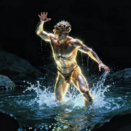 a powerful shining achilles returns to the magic river styx, at night, magic, fuji x 1 0 0 f, extreme contrast, surreal, noisy