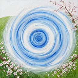 impasto acrylic painting of white and blue swirls on a green hill of cherry blossoms, a detailed painting by jeffrey smith and dan mumford, rhads, deviantart, analytical art, math art, detailed painting, high detail