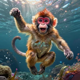 excited young monkey underwater, sparkly, colorful, digital painting