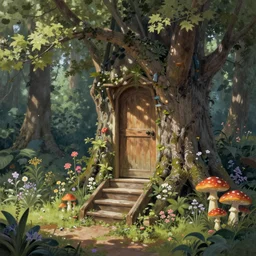 digital painting detailed forest tree with  door and stairs, magical forest flowers mushrooms painted by Michael Cheval