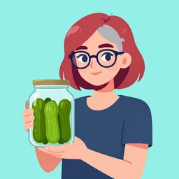 a proud girl with short red and grey hair and dark rim glasses, proudly holding a fido jar that is filled with green gherkin, clean cel shaded vector art. shutterstock. behance hd by lois van baarle, artgerm, helen huang, by makoto shinkai and ilya kuvshinov, rossdraws, illustration