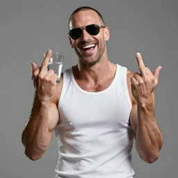 duke nukem wearing a tank top, sunglasses, drinking vodka, showing middle finger, laughing at his house being on fire, high quality, very detailed, a beautiful photo, national geographic quality