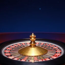 a roulette in a casino in the night sky in the style of wes anderson, lola dupre, david hockney, isolated on negative white space background dark monochrome neon spraypaint accents volumetric octane render