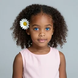 young black girl with pink dress and blue eyes with a daisy in her hair