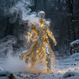 streams of smoke and snow swirl around a man made of glitter and light, swirling flashes of gold and silver, cinematic lighting, fantasy painting