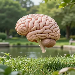 A photo of a disembodied, floating human brain relaxing in a lush park next to a pond
