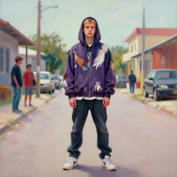 still from music video of hunter schafer from die antwoord standing in a township street, wearing a hoodie and feathers, street clothes, full figure portrait painting by martine johanna, ilya kuvshinov, rossdraws, pastel color palette, 2 4 mm lens