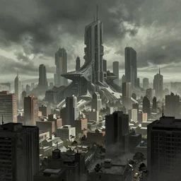 futuristic city in the style of ralph mcquarrie, dreary, grunge, breathtaking