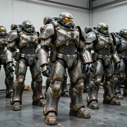wide angle panorama shot photo taken of an epic intricate, ultra detailed, super realistic gritty, hero prop, exquisitely weathered very clunky, bulky fallout 5 power armour suits movie prop replica's in a row in the workshop, created by weta workshop, full body shot, photorealistic, sharp focus, white wall, cold colour temperture