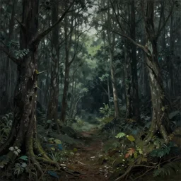 a surrealist painting of a spooky forest