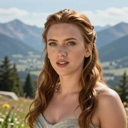 Scarlet Johansson headshot portrait photo in outdoors fantasy setting in summer with mountainous background as seen from scenic viewpoint. panorama view.