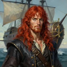 an epic fantasy comic book style portrait painting of a long haired, red headed male sky - pirate in front of an airship, art by artgerm and greg rutkowski and alphonse mucha, portrait, highly detailed, digital painting, trending on artstation, concept art, sharp focus, illustration