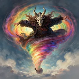 a flying wizard with horned mask surrounded by a rainbow colored tornado, art by greg rutkowski, by ilya kuvshinov, digital art, artstation, detailed, realistic, long hair, levitating wizard, inside the tornado