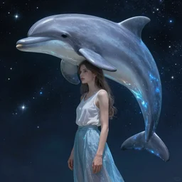 a girl with a dolphin, astral projection, astral travel, space background, cinematic, detailed, very realistic, by Alphonse Mucha, Moebius, Laurie Greasley, 8k