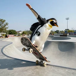 Penguin skateboarding in a park, epic composition, highly detailed, skate park