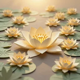 lily Pads filled with hundreds of Lotus flowers in the golden hour, paper cut art, close up, DOF, 8k, artstation,