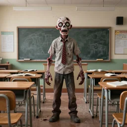 teacher as rotting zombie in a school, full body portrait, chaotic classroom with desks and chairs and chalkboard, trending in artstation, unreal engine 5 rendered, octane rendered, art style and nixeu and wlop and krenz cushart