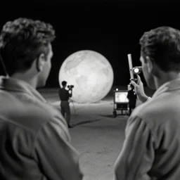 Behind the scenes photo of the filming of a movie set on Venus, 1956, black and white, film grain