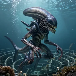 underwater xenomorph alien mixed with sharks extra teeth tentacles labyrinth highly detailed digital painting artstation concept art, photorealistic, 8 k, highly detailed, texture