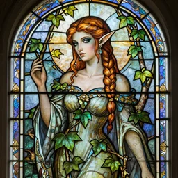 a stunning stained glass window of a beautiful poison ivy as an elf queen with hair tied in a braid, dark eyeliner, intricate, elegant, highly detailed, digital painting, artstation, concept art, sharp focus, illustration, art by greg rutkowski and alphonse mucha