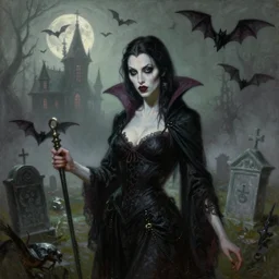 in the style of frank frazetta, a highly detailed matte portrait painting of a pale skin vampire goth witch in foreground, standing in a foggy graveyard. full moon, bats, haunted house background, by ashley wood, eerie magazine cover, grey green brown color, impressionism, palette knife and brush strokes, photorealistic, detailed, intricate, 4 k, focused, extreme details, masterpiece