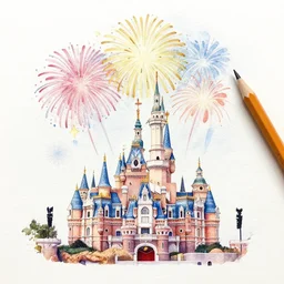 pencil and watercolor of fireworks above disneyland, high detail, perfect artwork, clean lines