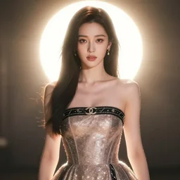 beautiful fashion chinese movie star, strapless dress, character portrait in the style of thomas river and artgerm, wlop, cinematic lighting, hyperdetailed, 8 k realistic, symmetrical, global illumination, radiant light, halo, love and mercy, frostbite 3 engine, cryengine, dof, trending on artstation, digital art, chanel