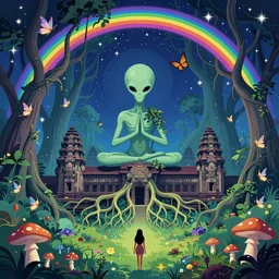 alien, samadhi, enchanted cosmic forest, roots from angkor wat, mushrooms on the ground, small fairies, stars in the sky, butterflies, rainbows, vector art, optical illusion, heavenly underwater, 4 k, fantasy poster by helen huang and frank frazetta and salvador dali