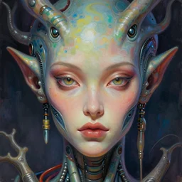 detailed portrait psychedelic, head only, exotic alien features, robotic enhancements by ismail inceoglu dragan bibin hans thoma greg rutkowski alexandros pyromallis nekro rene maritte illustrated, perfect face, fine details, realistic shaded, fine - face, pretty face