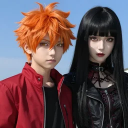 orange - haired anime boy, 1 7 - year - old anime boy with wild spiky hair, wearing red jacket, standing next to 1 7 - year - old pale - skinned persian girl with black long bob cut, long bangs, black gothic jacket, ultra - realistic, sharp details, subsurface scattering, blue sunshine, intricate details, hd anime, 2 0 1 9 anime