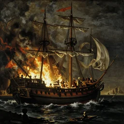 renaissance painting of a 1 8 th century ship on fire at night. cinematic