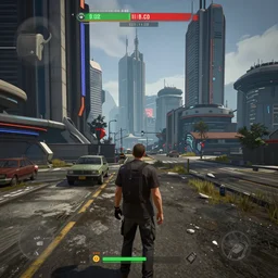 Open world GTA-like cyberpunk game, futuristic city, HUD, screenshot, Unreal Engine 5