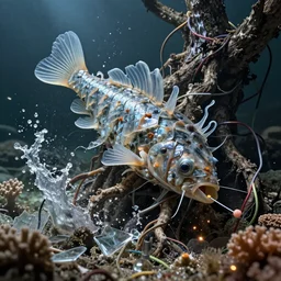 complex insect fragments creature scales gills and fins semi-translucent armor, plastic sea wrapped implosion, marine, fishlike creature tree roots strangled, water splash, flowing, coral, glass debris pieces, dust particles, dramatic lighting, electronic wires, fire sparks, high resolution photo,