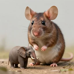 realistic image of a giant mouse next to a really tiny shrunken elephant, digital art