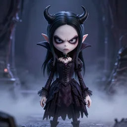 photorealistic full shot portrait of kawaii angry darkness vampire anime girl, gothic clothing, worrying eyes, inspired by Tim Burton, detailed, unreal engine 4k volumetric light, fog,