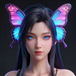 a 3 d model of an exotic beautiful woman with a neon butterfly head, fixed eyes, perfect eyes, perfect symmetrical lips, unreal engine, cinema 4 d, intricate details, 8 k, ultra realistic, super detailed, octane, ray tracing, artstation, beeple, 3 d model, style of final fantasy