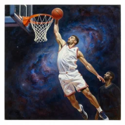 cosmic basketball player dunking in a nebula, an oil painting, by ( leonardo da vinci ) and greg rutkowski and rafal olbinski ross tran airbrush time magazine