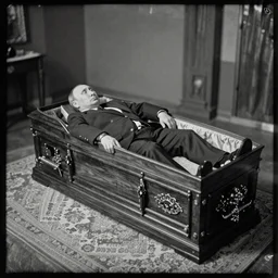 Putin lies in a coffin. Daguerrotype