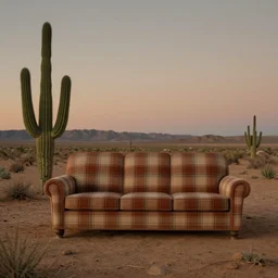 a plaid couch sitting alone in a western desert at dusk, cactus adjacent, lowbrow, matte painting, highly detailed, in the style of mark ryden