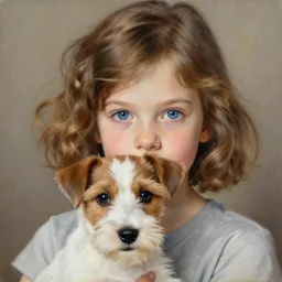a seven year old girl with short wavy curly light brown hair and blue eyes with a very cute wire haired jack russell terrier puppy, white with brown patches over both eyes. detailed, high quality painting by artgerm and greg rutkowski and alphonse mucha