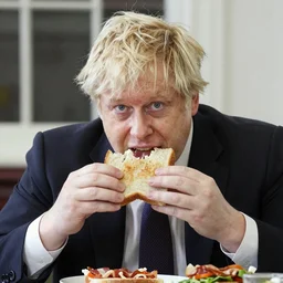 Boris Johnson eating a bacon sandwich awkwardly