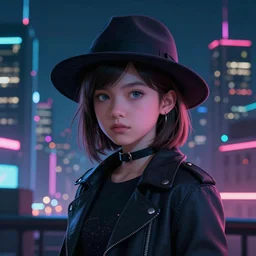 a beautiful and immaculate young teenager girl with fedora hat. synthwave, night time, detailed. trending on artstation. recommended for you behance. by chris moore. by edward hopper., beeple colors, metropolis filmic. gotham city.